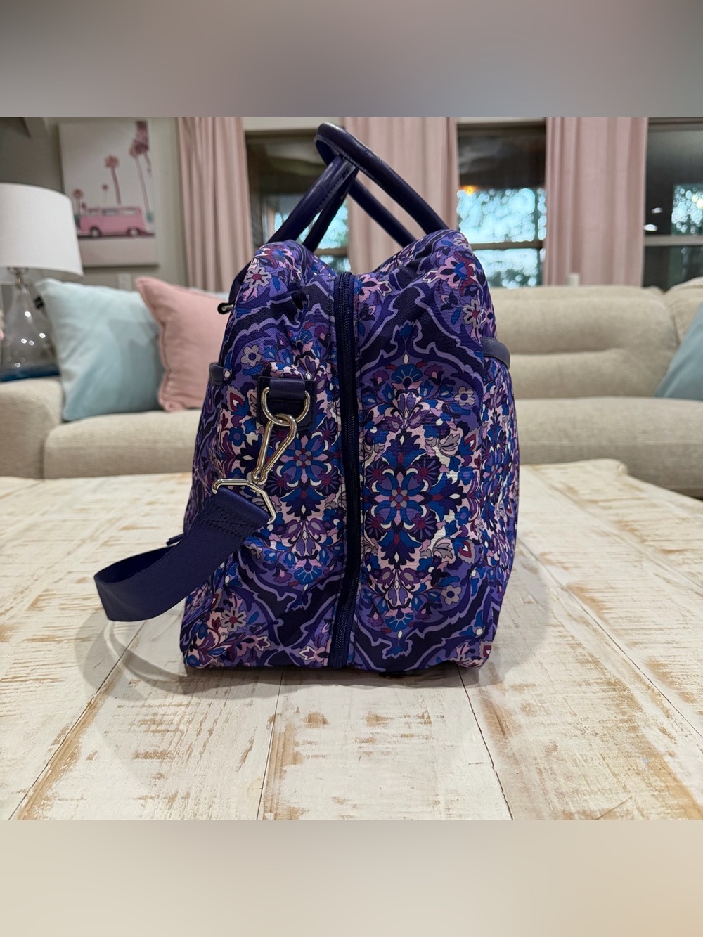 Vera Bradley Iconic Lay Flat Weekender Purple Medallion Travel Duffel Carry On - Picture 4 of 11